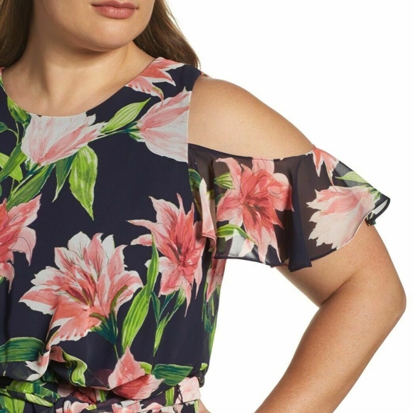 NWT $178 Eliza J Floral Chiffon Cold Shoulder Maxi Dress [‎ SZ 18W ] - Picture 2 of 8